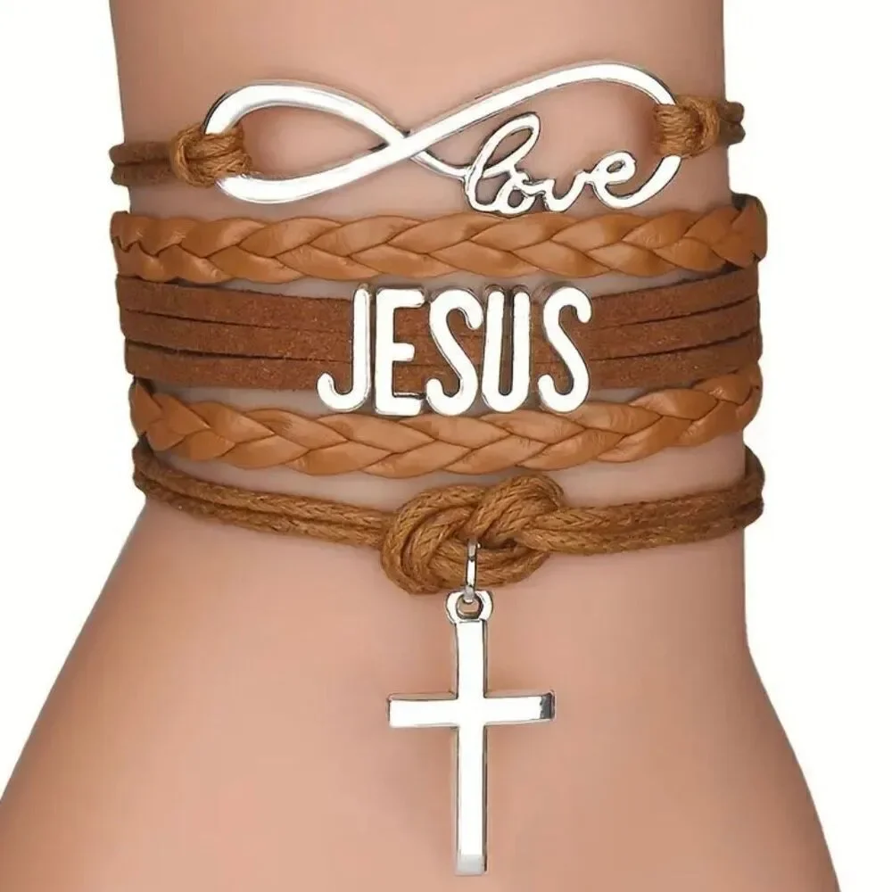 Jesus Loves You  Infinity Brown Charm Bracelet Womens Girls Christian Cross New